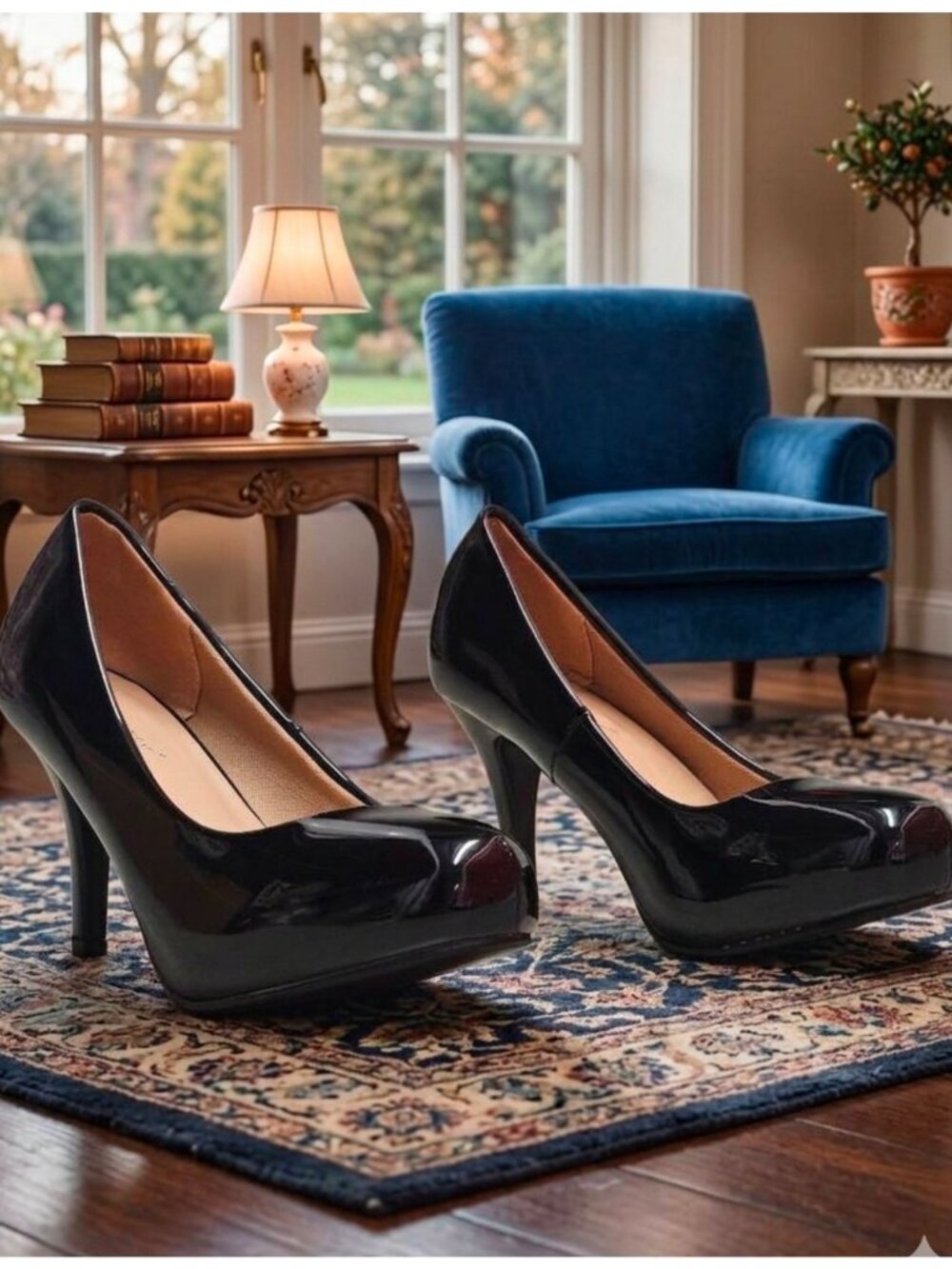 Black Patent Leather High Heels With Round Toe & Stiletto Heel For Women